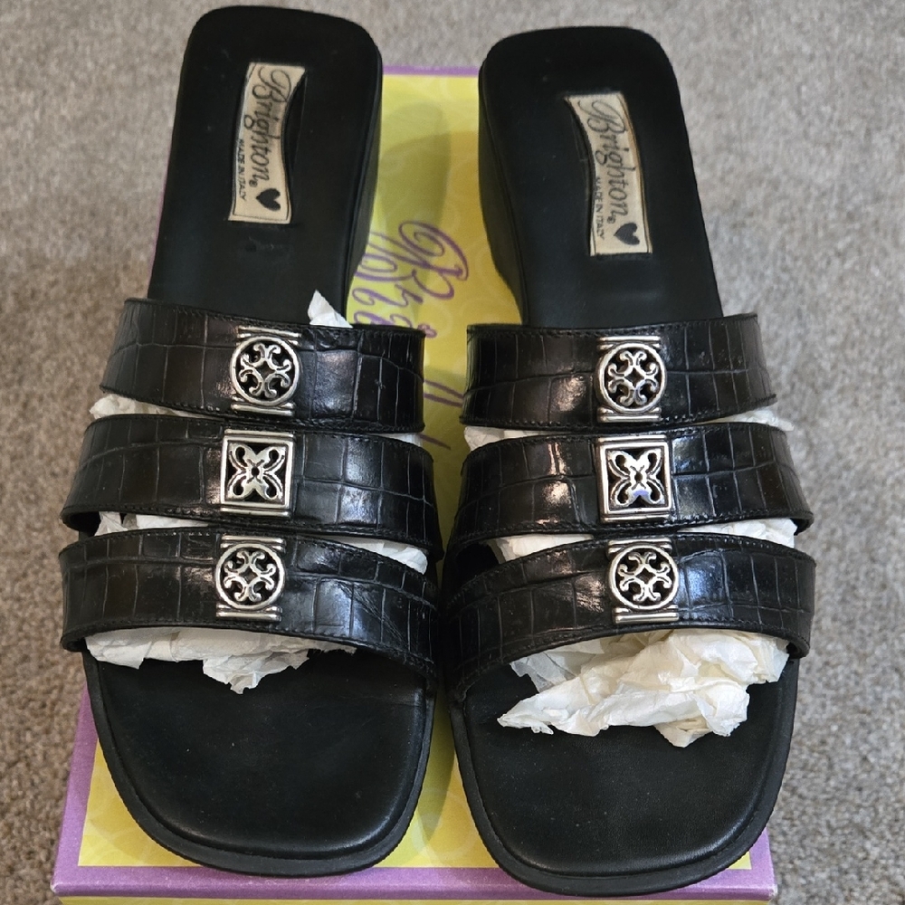 Brighton Women's Black Croc-Embossed Brandy Slide Sandals
